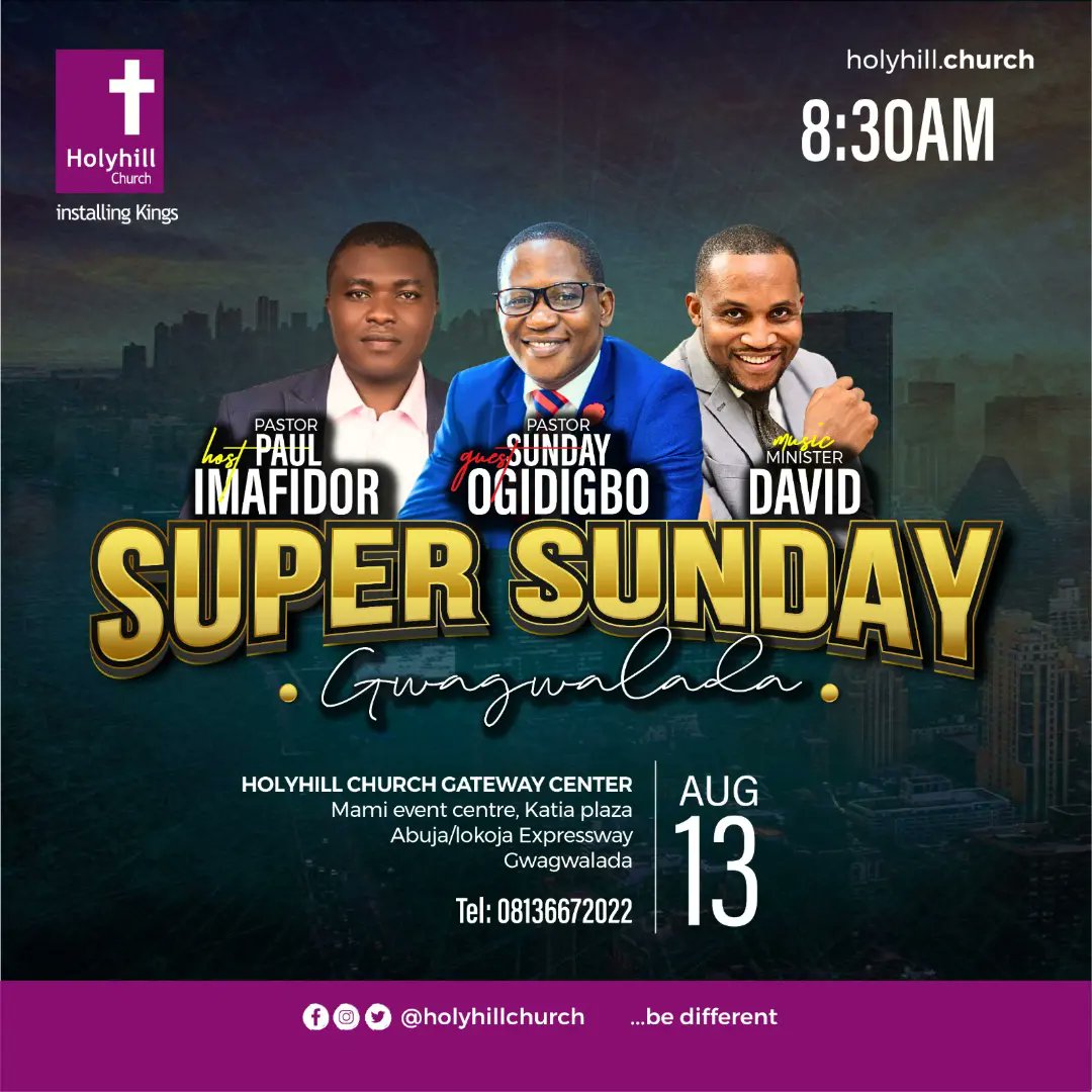 SOgidigbo's tweet photo. I am inviting You to join me at Holyhill Church Mpape for Super Sunday.

Come and learn how prophecies underpins your life here on earth and in eternity.

You can also join in the service live at our worship centers at Kubwa, Kabusa, Gwagwalada and the Purple Place.

Time: 8:30am https://t.co/qgfzGqGOZO