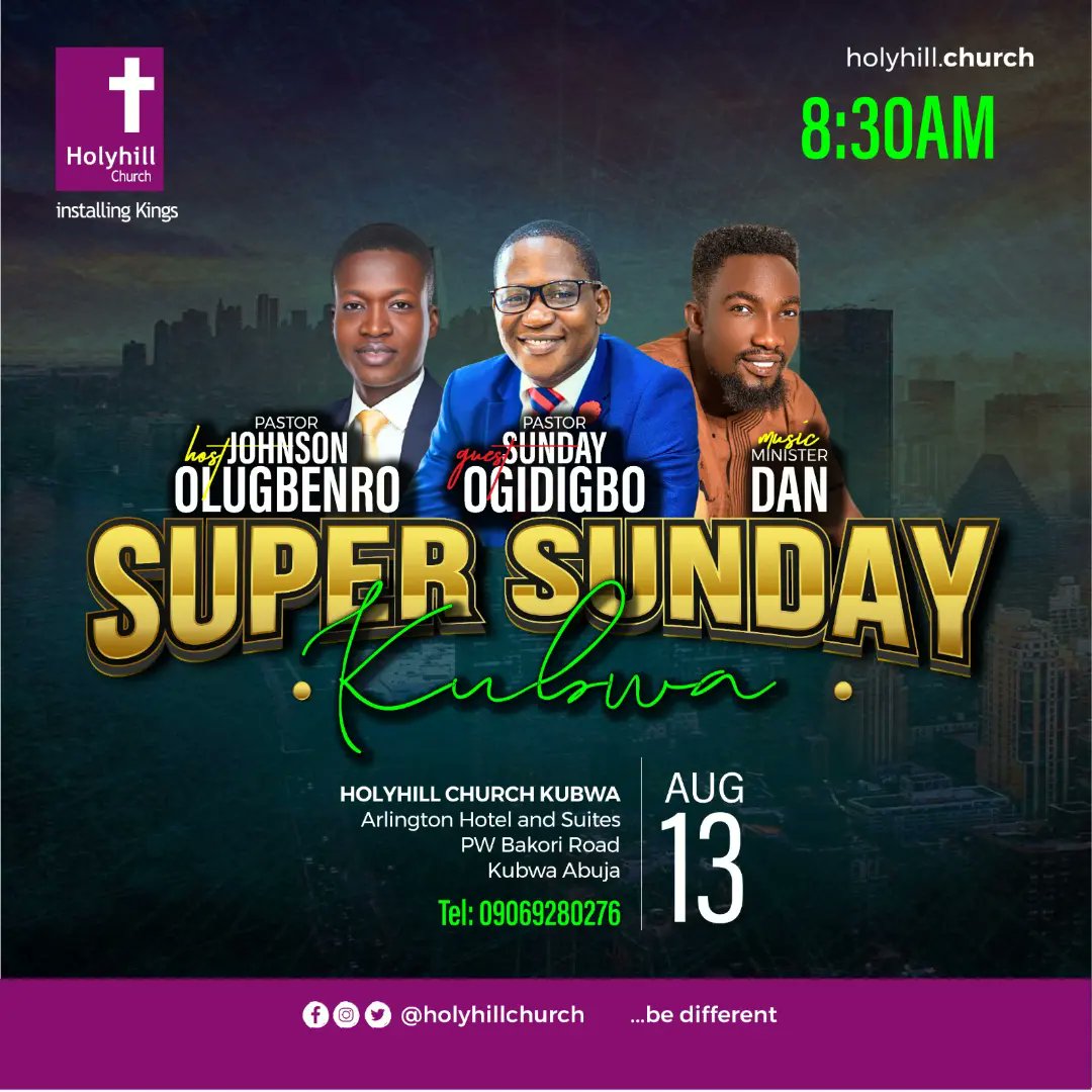 SOgidigbo's tweet photo. I am inviting You to join me at Holyhill Church Mpape for Super Sunday.

Come and learn how prophecies underpins your life here on earth and in eternity.

You can also join in the service live at our worship centers at Kubwa, Kabusa, Gwagwalada and the Purple Place.

Time: 8:30am https://t.co/qgfzGqGOZO