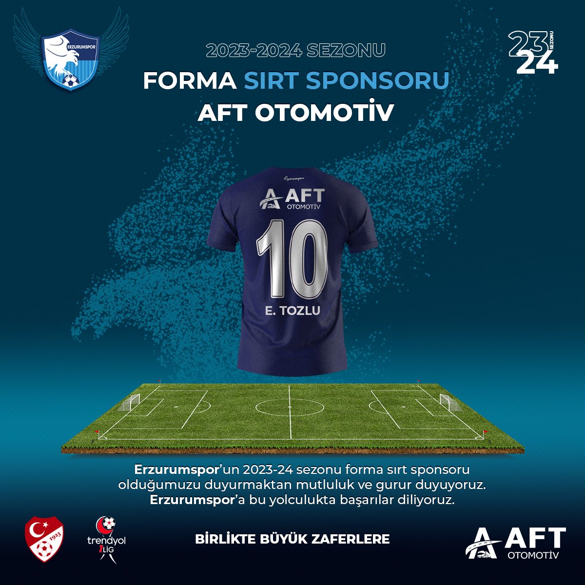 aftotomotiv's tweet image. Erzurumspor'un 2023-2024 sezonu forma sırt sponsoru olduğumuzu duyurmaktan mutluluk ve gurur duyuyoruz. Erzurumspor'a bu yolculukta başarılar diliyoruz 🦅

Birlikte büyük zaferlere 💪

#erzurumspor #tff #futbol #şampiyon #dadaş #yenisezon #ERZ #ERZvBAN #ArmağanOlsun #trendyol1lig