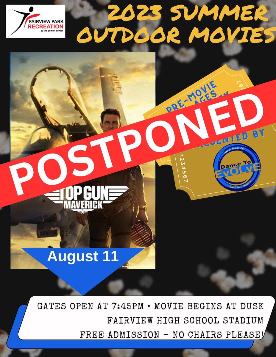 Due to the stormy forecast this evening, Maverick has been grounded and Movie Night in <a href="/fairview_park/">Fairview Park City</a> has been postponed.  Stay tuned for a make up date in the coming weeks!