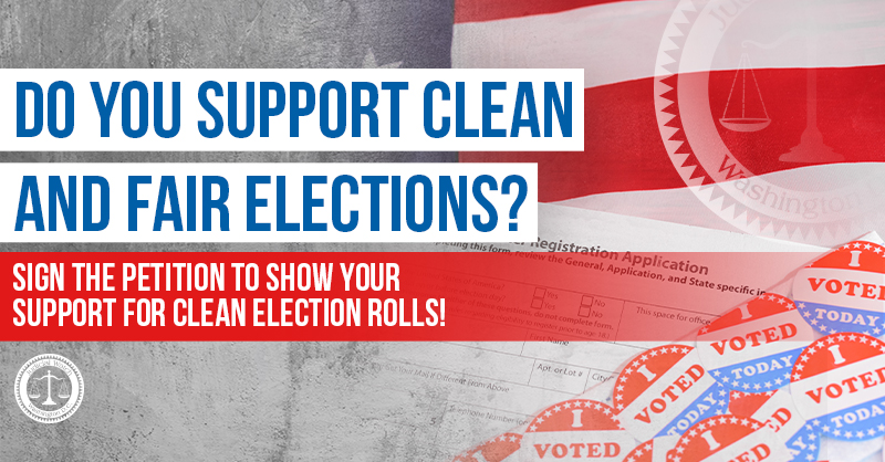 JudicialWatch's tweet photo. Dirty voter rolls can lead to fraud! Demand the DOJ to act on the NVRA and ensure Election Integrity. Sign the petition now!