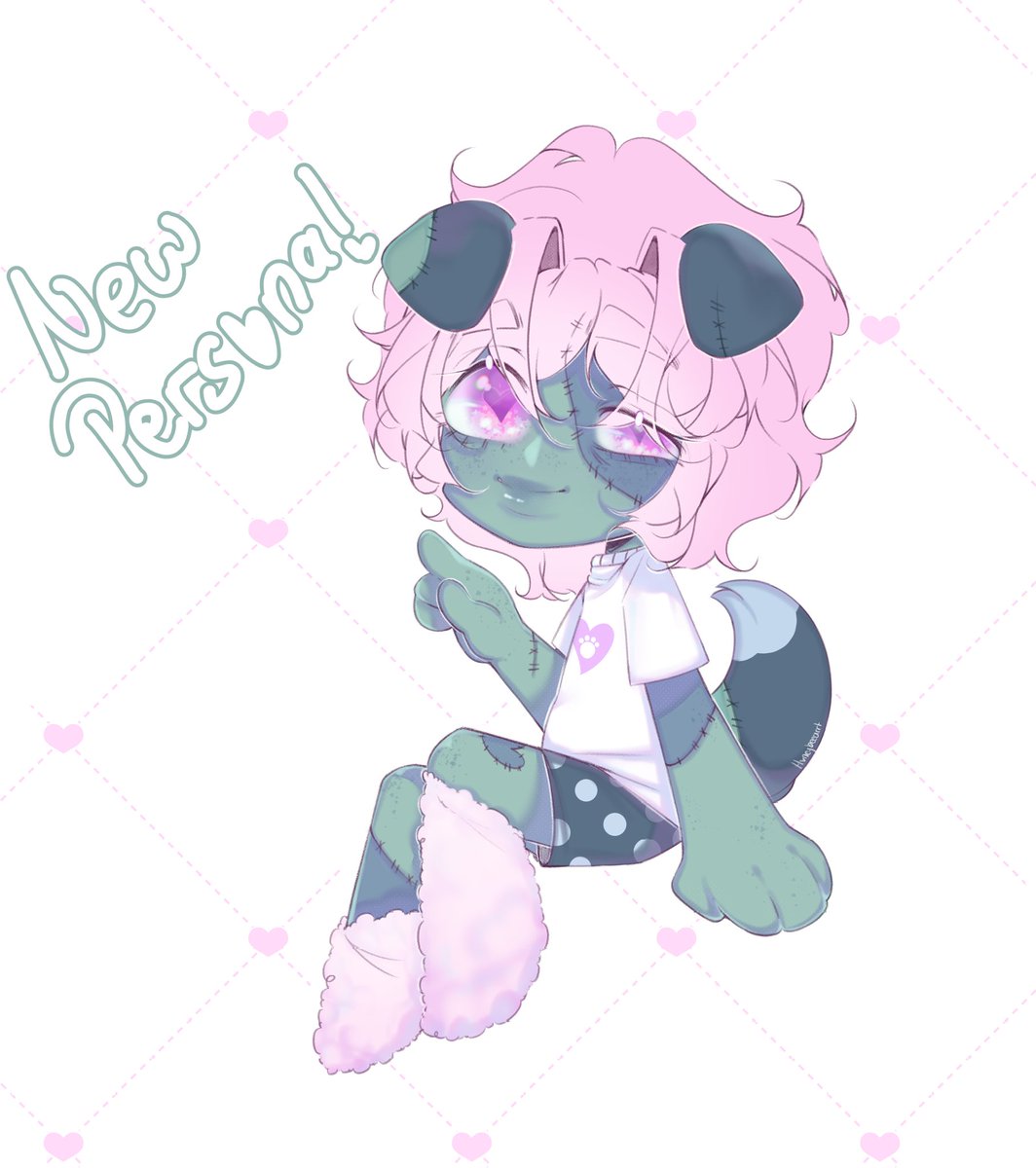 My new persona!! I didn't really clash well with my old one, so I decided to redesign my persona. I wear pajamas most of the time so my persona is seen wearing pajamas alot, too. A zombie puppy persona 🌷