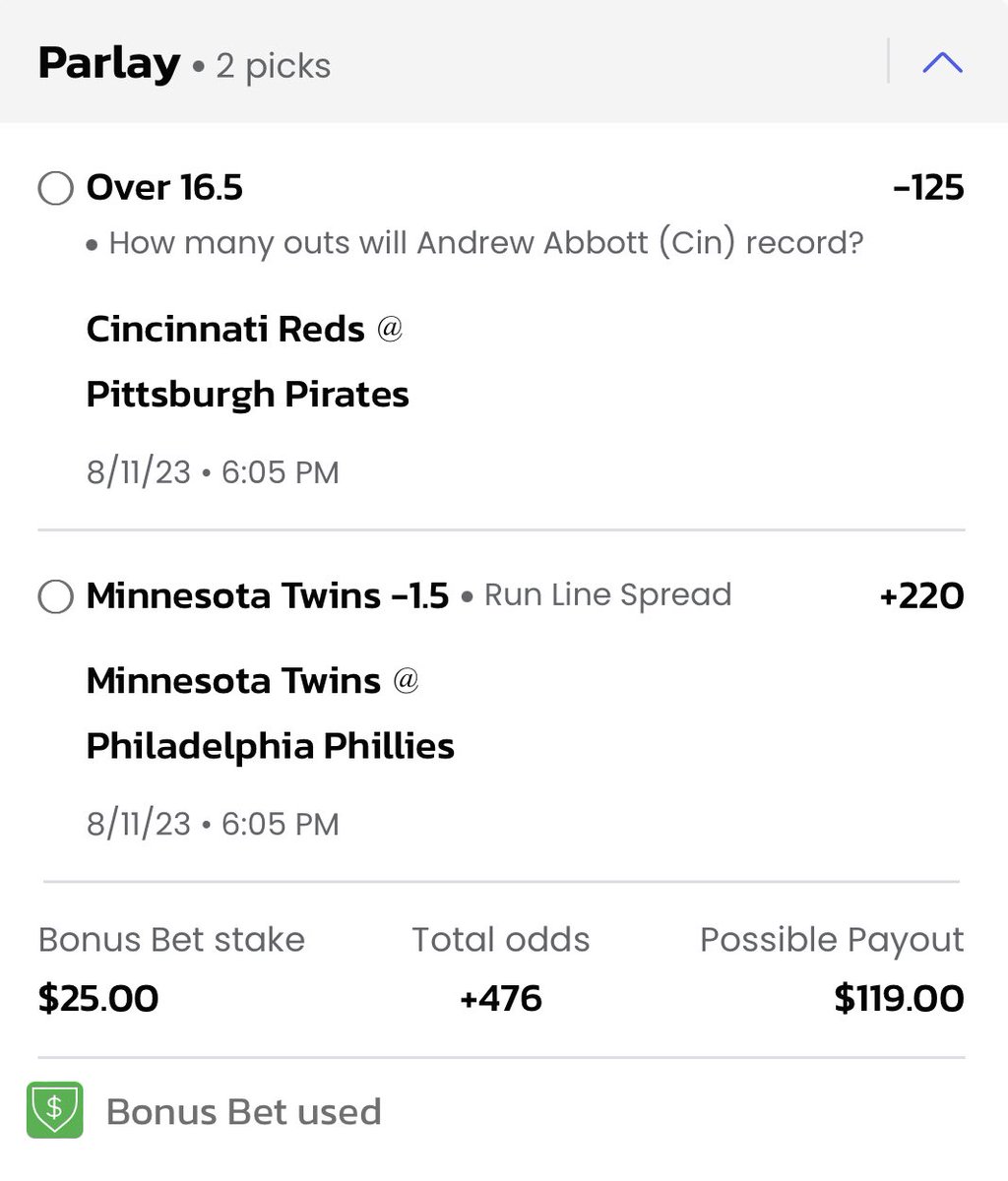 Longshot_Bets's tweet photo. ✨MGM Bonus Bet✨

• A. Abbott (CIN) o16.5 Outs
• MIN Twins -1.5
Odds: +476

In for $25 free bet from insurance play below

#GamblingTwitter
#ATOBTTR #MNTwins https://t.co/NjI3bsQxgO