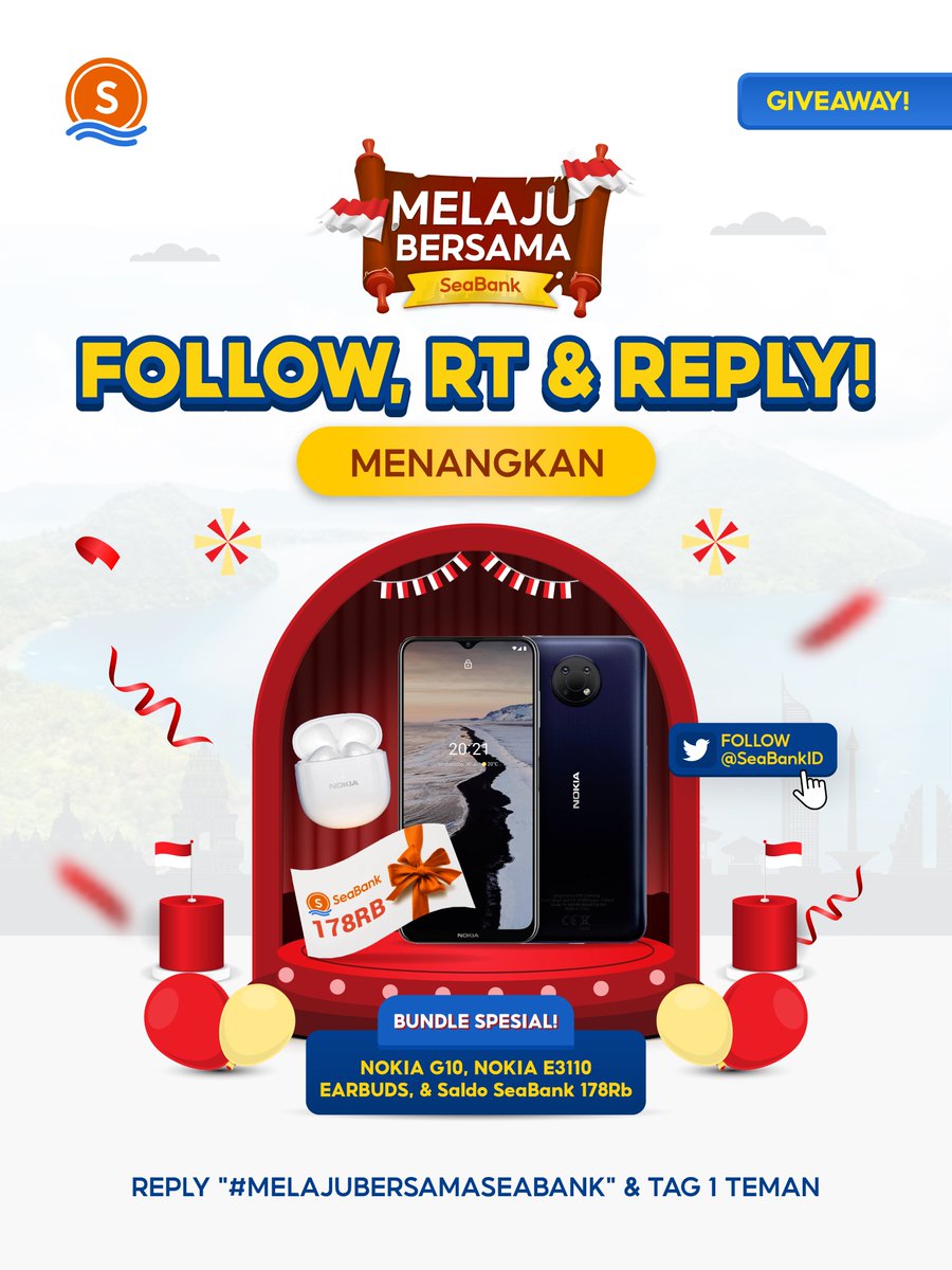 SeaBankID's tweet photo. 🇮🇩GIVEAWAY #MELAJUBERSAMASEABANK!!🇮🇩
FOLLOW &amp; MENANGKAN BUNDLE
NOKIA G10 + NOKIA E3110 Earbuds + SALDO SEABANK 178RB

Yuk cek S&amp;K berikut:
1. FOLLOW Twitter @SeaBankID
2. RT &amp; REPLY "#MELAJUBERSAMASEABANK"
3. TAG TEMAN KAMU!

Kesempatan terbatas, yuk ikuti kuisnya sekarang! https://t.co/jj4SsiVZJp