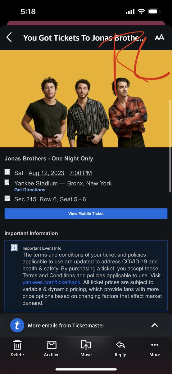 bec_chaves's tweet photo. @JonasBrosBros Selling two tickets to Sec 215 Row 6! Asking $150 for the pair! 🙂 https://t.co/IElyMhQhIQ