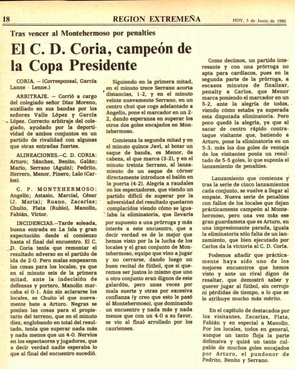 CORIADEPORTIVA's tweet photo. @CPMontehermoso_ @CDCORIA 📋 Desde Coriadeportiva no tenemos datos de enfrentamiento en Copa Federación entre @Montehermoso y @CDCORIA , pero si una 📰 "Copa Presidente" en junio de 1980 Partido de vuelta. https://t.co/abGrdtuYBC