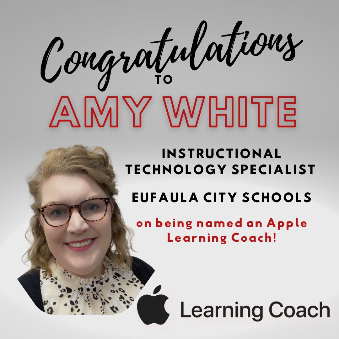 ecsk12_instech's tweet photo. Congratulations to Amy White, Instructional Technology Specialist for Eufaula City Schools, on being named an Apple Learning Coach! Ms. White recently completed intensive training through Apple in order to receive this classification.  #WeAreECS #oneteamonedream #ExpectExcellence https://t.co/HEkCD83olX
