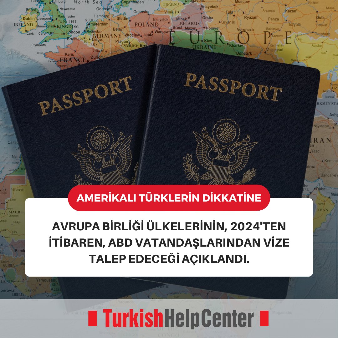 HelpTurkish's tweet photo. Avrupa Birliği ülkeleri, 2024'ün başından itibaren, ABD'den gelecek ziyaretçilerden vize talep edeceğini duyurdu. Vize işlemi internetten 8 dolar karşılığında yapılabilecek. 

#amerikaliturkler #floridaliturkler #tampaturkleri #turksofflorida #turksofmiami #miamiturks #vize https://t.co/vHnqYYWnhc