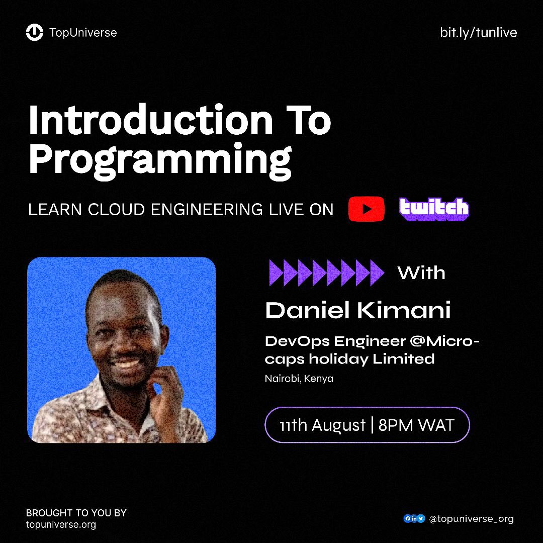 topuniverse_org's tweet image. Join us live as we dive into Cloud engineering with DANIEL KIMANI from Nairobi, Kenya as we discuss Introduction to Programming 

Catch us Live youtube.com/live/ZcyPI9G5Y…

#cloudcomputing #cloudengineer #cloudfoundations #aws #awscloud #programming