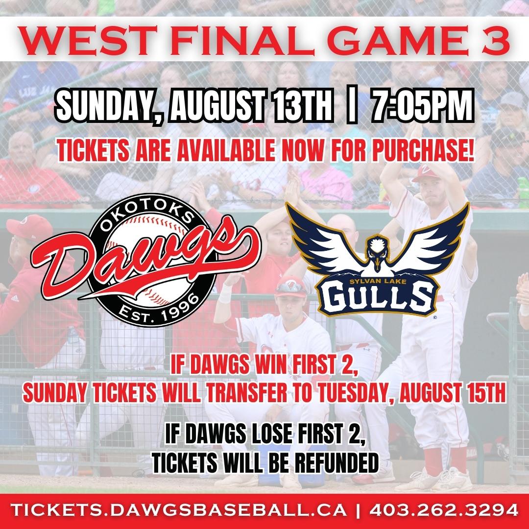 Okotoks_Dawgs's tweet photo. Tickets available NOW!

Get your tickets for Sunday and patio tables are available for tonight and Sunday as well! Cheer on your Dawgs as they take on the Gulls!

#dawgs #baseball #okotoks #playoffs #wcbl #questfor7 #ringszn https://t.co/A7h8QEc1ZN