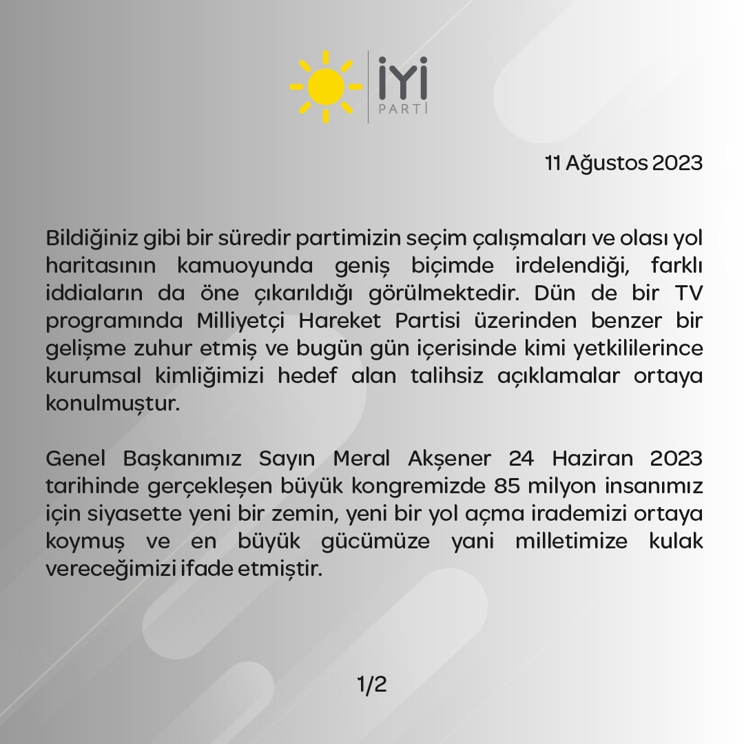 iyiparti's tweet photo. Dün bir TV programından partimizle ilgili kamuoyuna yansıyan tartışma ve iddialara yönelik partimizin görüşünü ve milletimize çağrımızı iletiyoruz;

“26 Ağustos ruhuyla rotamız net, pusulamız millet!” https://t.co/05kfDpj8Sm
