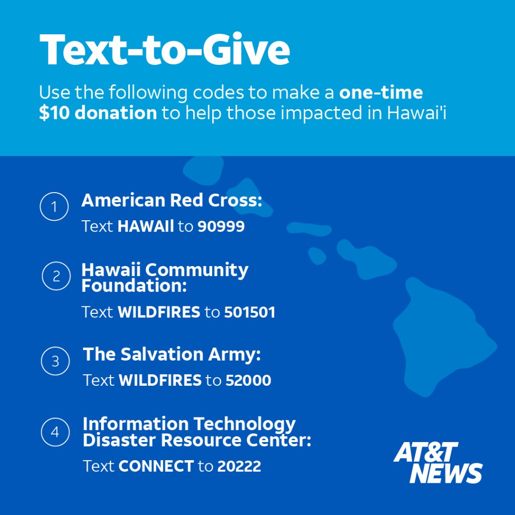 Join us in supporting communities impacted by the wildfires in Hawaiʻi. Visit go.att.com/mauiwildfires for more on text-to-give donations to help recovery efforts.