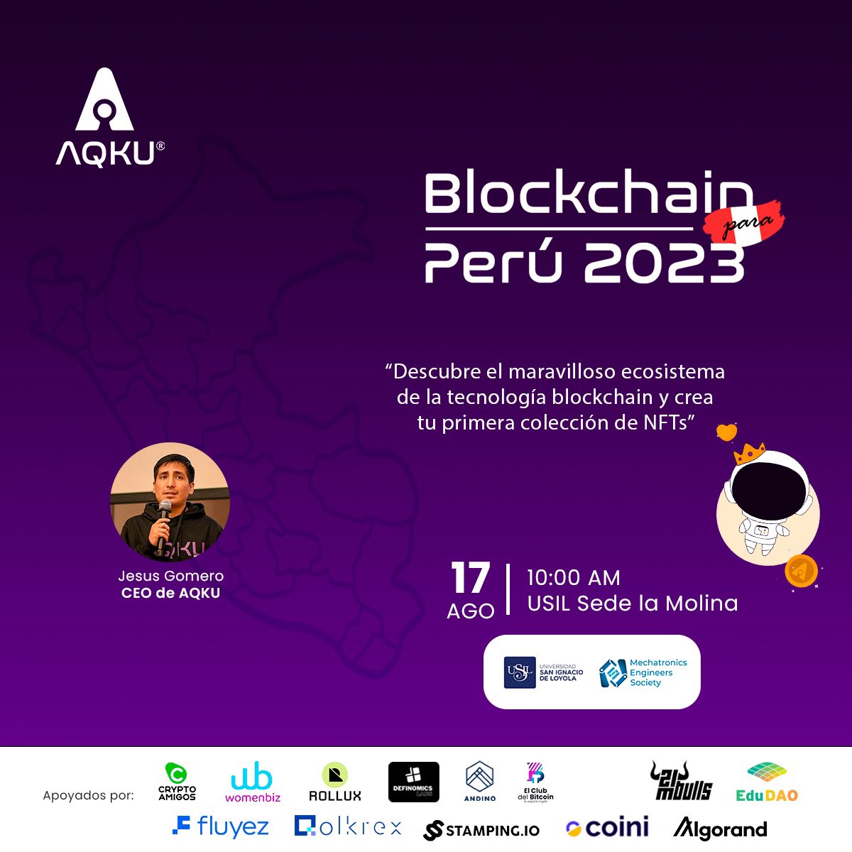 aqku_pe's tweet photo. Tripulante únete a nuestro taller de "Blockchain para Peru 2023" en 2 sesiones que se realizará en diferentes departamentos del Peru en este 2023. Aprende los principios básicos de blockchain y cómo se vienen aplicando a diferentes rubros. También aprenderás a crear tu primera colección de NFT.

​Requisitos para participar:

- ​Una imagen en formato 1:1 o 4:3.
​- Una laptop con conexión WI-FI y batería al 100%.
- ​Llevar tu DNI para poder ingresar.

​¡No te olvides descargar nuestra billetera blockchain!

​No pierdas esta oportunidad. ¡Te esperamos! Contamos con el apoyo de las principales comunidades, empresas y redes blockchain con presencia en Peru. @HiWomenbiz @andinodao @bitcoin_club_pe @21MBulls @fluyez @RolluxL2 @Qolkrex @cryptoamigosdao @Algorand @coini_app @DefinomicsLabs @Edu_DAO @StampingI y muchos más 

Visita el sitio web para registrarte.

https://t.co/03oBiZoj25

#usil #nft #web3 #taller #blockchain 

Nota: ir al FILAB, pabellón C,2do piso - Campus 1, USIL