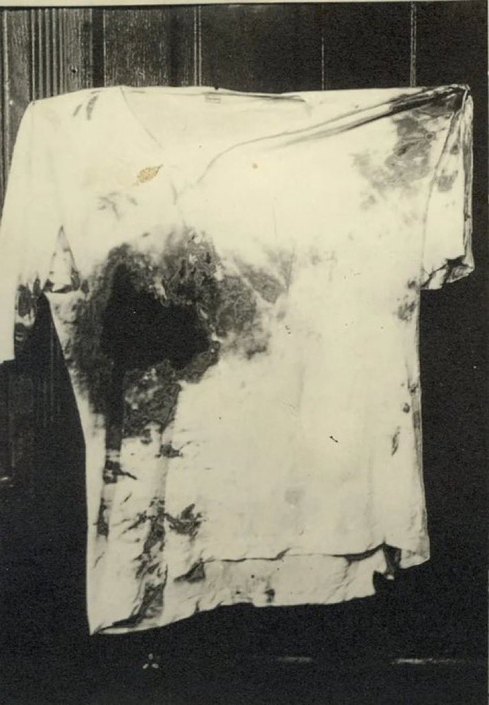 historyinmemes's tweet photo. Teddy Roosevelt cheated death numerous times throughout his life, but he perhaps came closest to meeting the grim reaper on October 14, 1912, when he survived an assassination attempt in Milwaukee.

Roosevelt was campaigning for a third term as president of the United and he was climbing into his car to head to a campaign speech when John F. Schrank shot him in the chest from no more than five feet away.

The bullet lodged in Roosevelt's chest after penetrating Roosevelt's steel eyeglass case and passing through a thick (50 pages) single-folded copy of the speech which he was carrying in his jacket.

Roosevelt correctly concluded that since he was not coughing blood, the bullet had not reached his lung; he declined suggestions to go to the hospital immediately, instead, he delivered his scheduled speech.

His opening comments to the gathered crowd were, "Friends, I shall ask you to be as quiet as possible. I don’t know whether you fully understand that I have just been shot—but it takes more than that to kill a Bull Moose."

Afterwards, probes and an x-ray showed that the bullet had lodged in Roosevelt's chest muscle. As doctors concluded that it would be less dangerous to leave it in place than to attempt to remove it, Roosevelt carried the bullet with him for the rest of his life.

Below are the shirt he was wearing, the copy of the speech and the steel eyeglass case that saved his life.