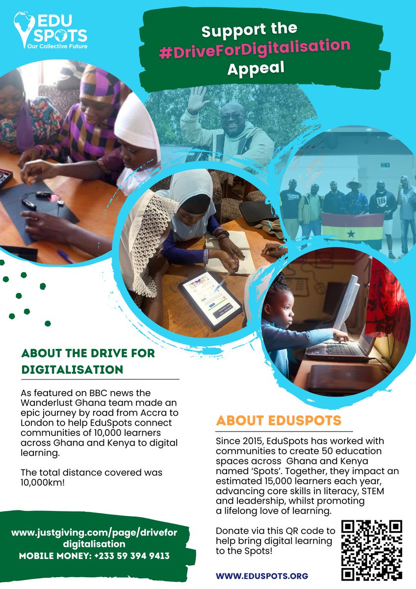 eduspots's tweet photo. In case anyone out there might make good use of this leaflet &amp; QR code to promote the ongoing #drivefordigitalisation campaign with @WanderlustGhana. 

The EduSpots team are excited to be heading to Ghana Party in The Park tomorrow - hope to see some of you there! https://t.co/62DzubOgCk