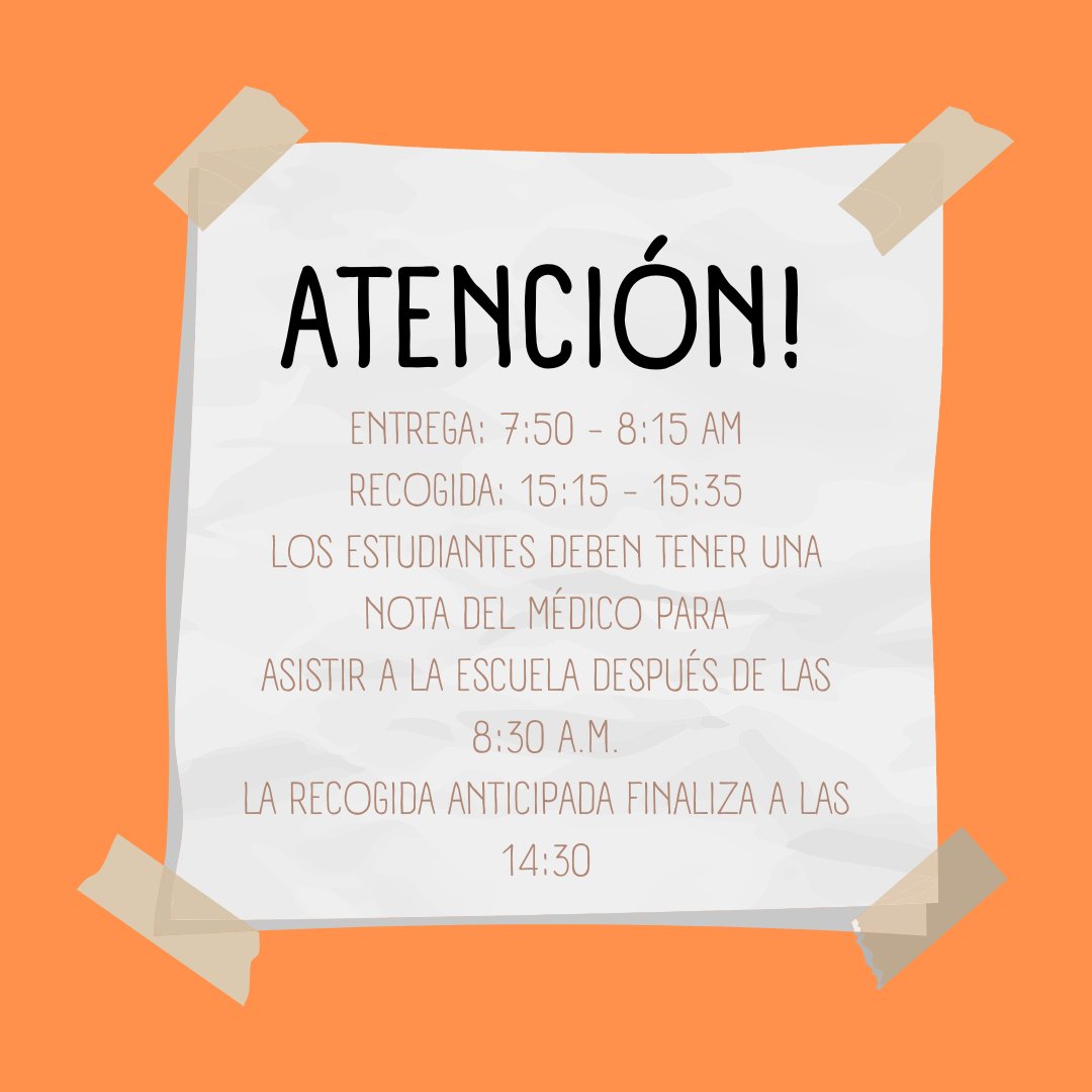 VictoryRidge's tweet photo. Traducido Usando Google Translate:

**HORARIO ESCOLAR DE VRA PARA 2023-2024**

Entrega: 7:50 - 8:15 a. m.

Recogida: 15:15 - 15:35

Los estudiantes deben tener una nota del médico para asistir a la escuela después de las 8:30 am. La recogida anticipada finaliza a las 14:30. https://t.co/FNvHY0kYP2