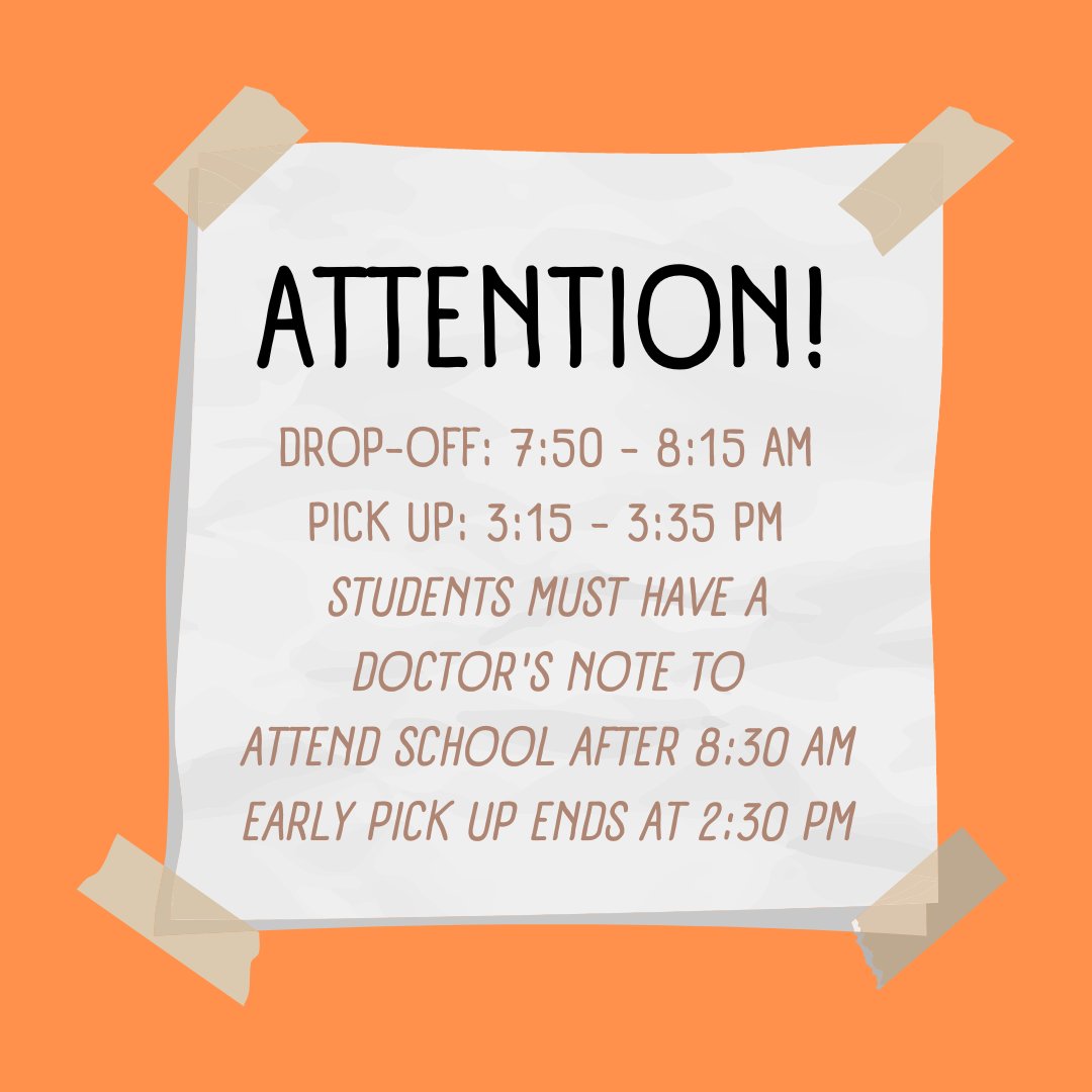 VictoryRidge's tweet photo. **VRA'S SCHOOL HOURS FOR 2023-2024**

Drop Off: 7:50 - 8:15 AM

Pick Up: 3:15 - 3:35 PM

Students must have a doctor's note to attend school after 8:30 AM.

Early pick up ends at 2:30 PM.

#VRAPRIDE #VictoryRidgeAcademy https://t.co/GUZE3eusUn