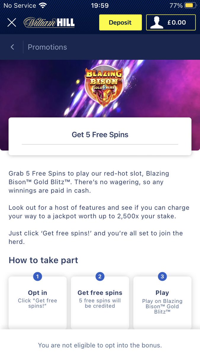 KennyS387's tweet photo. @WilliamHill how do I become eligible for my free spins? https://t.co/vgso5eB72U