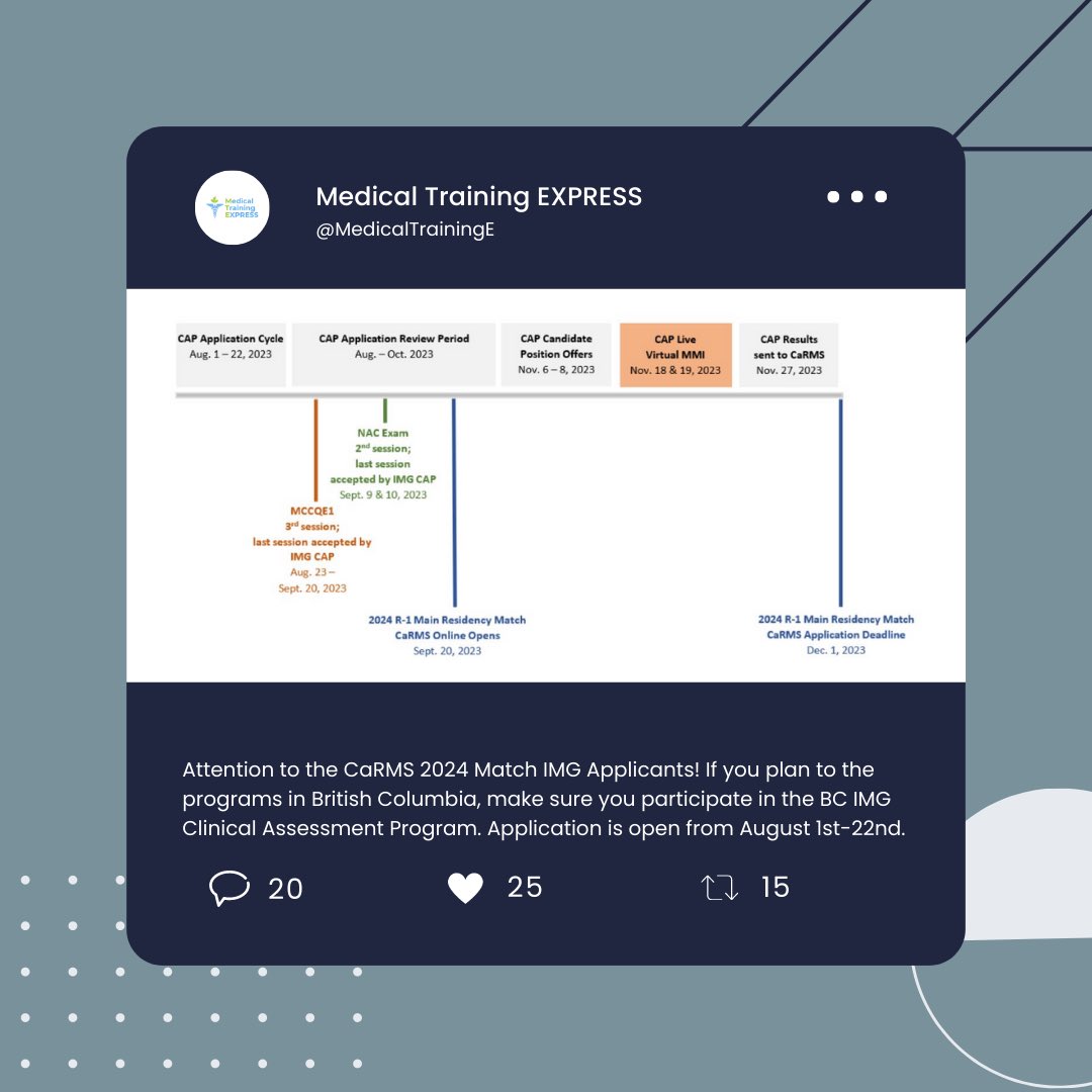 MedicalTraininE's tweet photo. 📣Attention to the CaRMS 2024 Match IMG applicants! 📣 If you plan to apply to the programs in British Columbia, make sure you participate in the B.C. IMG Clinical Assessment Program. The application is open from Aug 1 to 22. https://t.co/eM56nlbJIC 
#img #bccap #medicallicensing https://t.co/9EhFeOmMPI