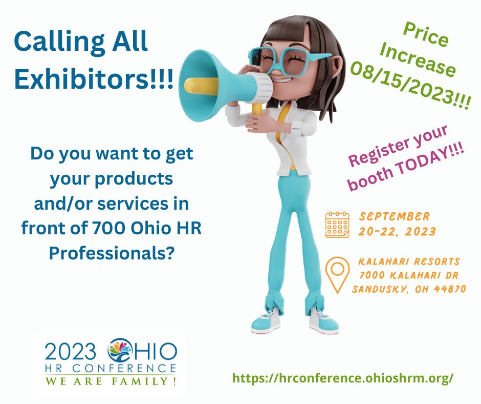 Calling all Exhibitors!!!!! About 700 HR Professionals attend the Ohio SHRM Conference every year. Make sure you reserve your space before 08/15/2023 to take advantage of the lower booth price!!! #shrm #hrlife #payroll #benefits buff.ly/3OECjwQ