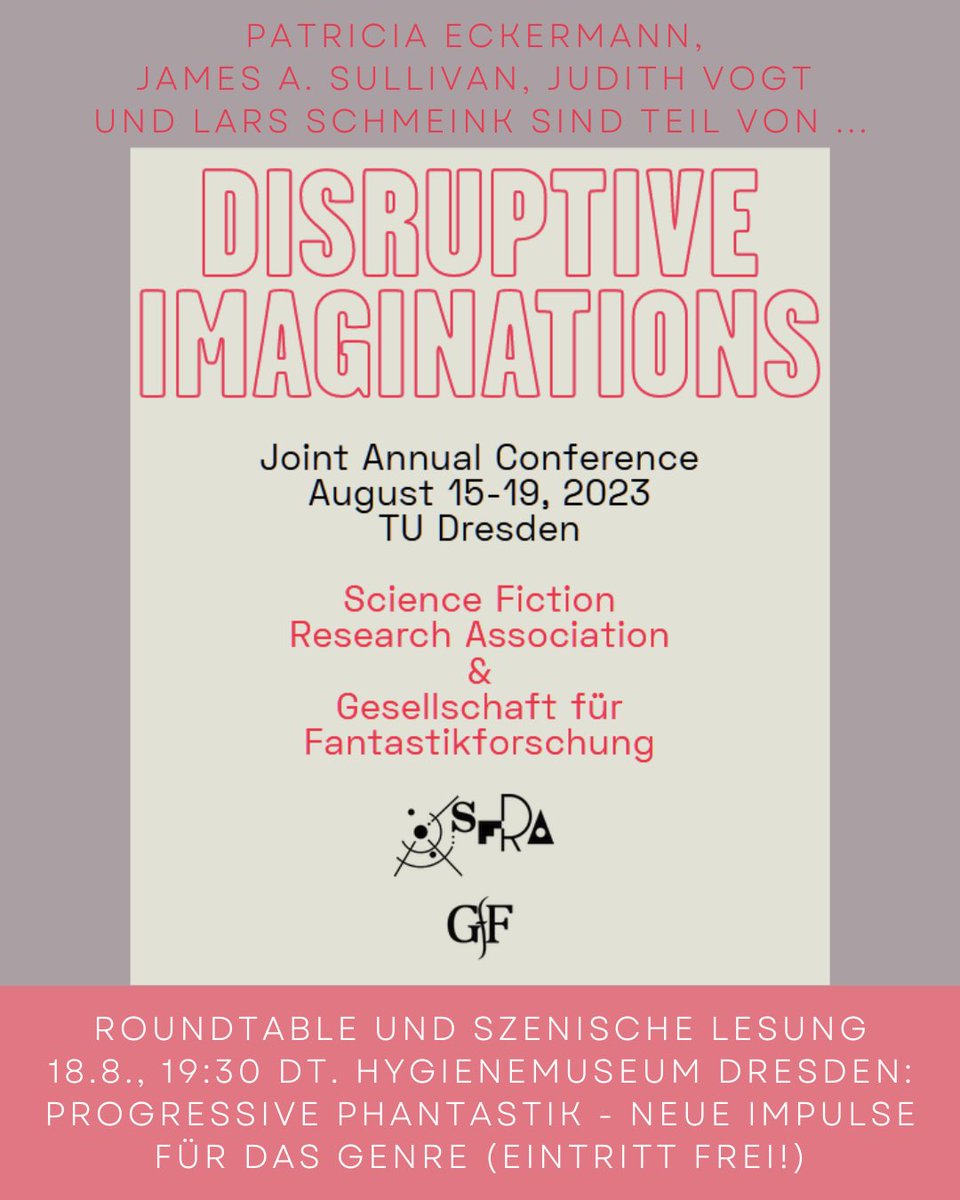 Am 18.8. werde ich im Deutschen Hygienemuseum Dresden (@DHMDresden) mit @JudithCVogt , @feireficia und @larsxl_hh über #ProgressivePhantastik reden. Und anschließend gibt es eine Lesung.

Falls ihr Zeit und Lust habt und in der Nähe seid, kommt vorbei.🙂💚
disruptiveimaginations.com/PROGRESSIVE-FA…