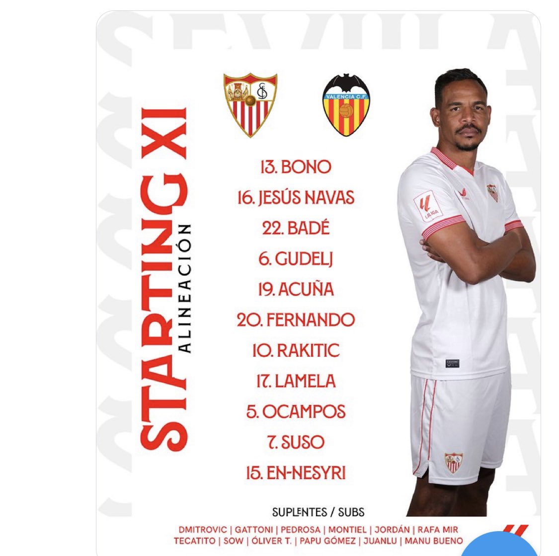 1980SFC's tweet photo. 1* Alineación de la Liga Sevilla Fc- Valencia CF https://t.co/l6x8LA4bAp