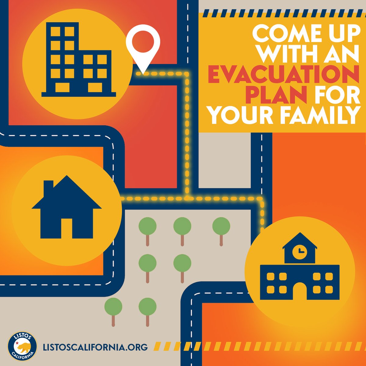 Cal_OES's tweet image. Plan ahead! Learn evacuation zones and routes for your residence and workplace in case of a disaster.

Get a map and plan exit routes. It’s important to have backups in case of road closures or unexpected changes in conditions.

📍: listoscalifornia.org

#ListosCalifornia