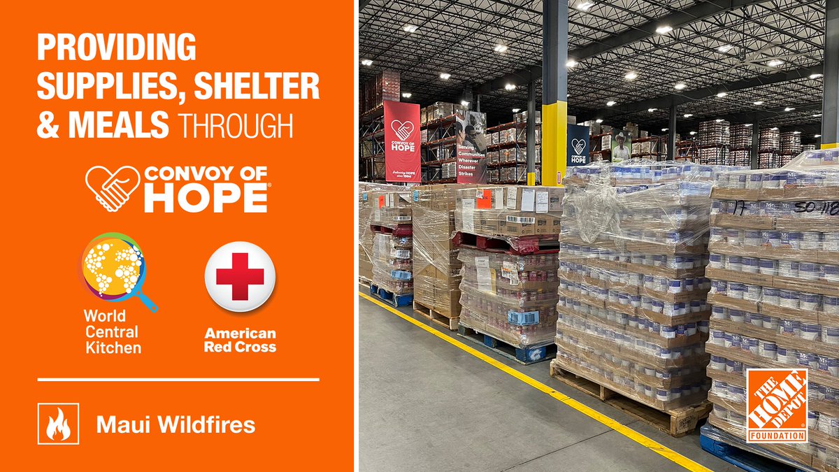 The Home Depot Foundation (@homedepotfound) on Twitter photo Our hearts go out to everyone impacted by the devastating wildfires in Maui. We are working with our nonprofit partners, <a href="/WCKitchen/">World Central Kitchen</a>, <a href="/ConvoyofHope/">Convoy of Hope</a> and <a href="/RedCross/">American Red Cross</a>, to provide immediate support to those in need and will continue to do so as needed in the days and weeks to come. Our hearts go out to everyone impacted by the devastating wildfires in Maui. We are working with our nonprofit partners, <a href="/WCKitchen/">World Central Kitchen</a>, <a href="/ConvoyofHope/">Convoy of Hope</a> and <a href="/RedCross/">American Red Cross</a>, to provide immediate support to those in need and will continue to do so as needed in the days and weeks to come.