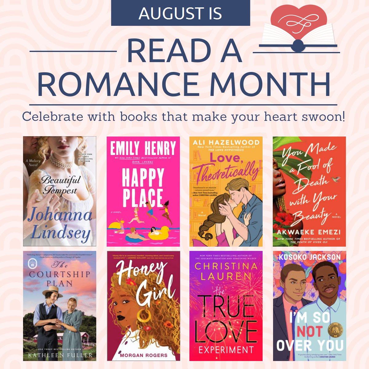 MPHPL's tweet photo. August is #ReadARomanceMonth &amp; no better way to celebrate than picking up a few romance books from our https://t.co/N9P219i4HV page! 💕 #MPHPL staff picked 12 books that will make  your heart swoon! Check for availability, place a hold &amp; schedule pick by visiting the URL above!💞 https://t.co/CA5C61x91B