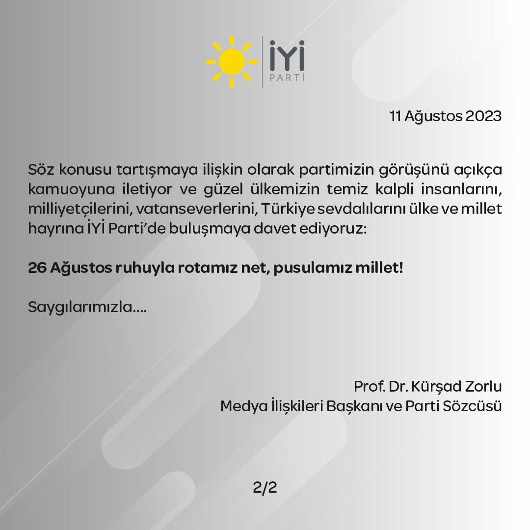 İYİ Parti’den MHP’ye yanıt: “Ülkemizin temiz kalpli insanlarını, milliyetçilerini, vatanseverlerini, Türkiye sevdalılarını ülke ve millet hayrına İYİ Parti’de buluşmaya davet ediyoruz. 26 Ağustos ruhuyla rotamız net, pusulamız millet!”