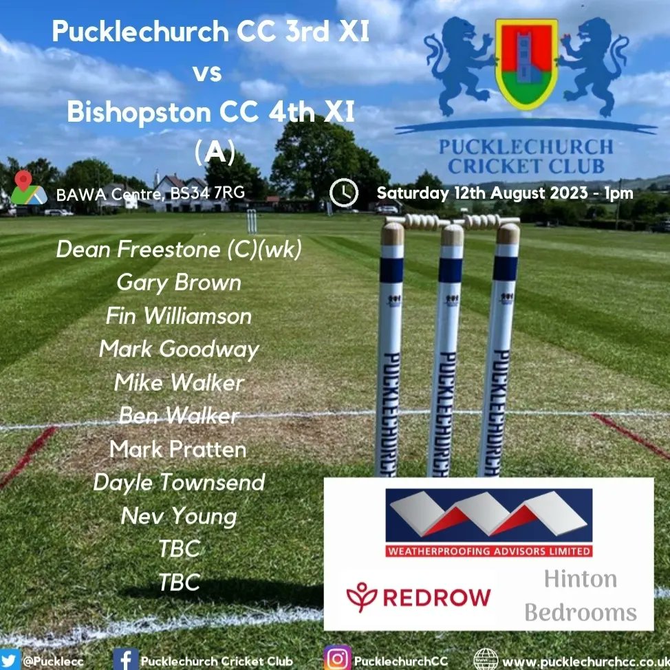 🚨Tomorrow's Team News🚨

1st XI 🆚️ Hanham CC 2nd XI (A)
2nd XI 🆚️ Midsomer Norton CC 3rd XI (H)
3rd XI 🆚️ Bishopston CC 4th XI

Go well all 🏏💪

#UTC ⛪️⛪️⛪️