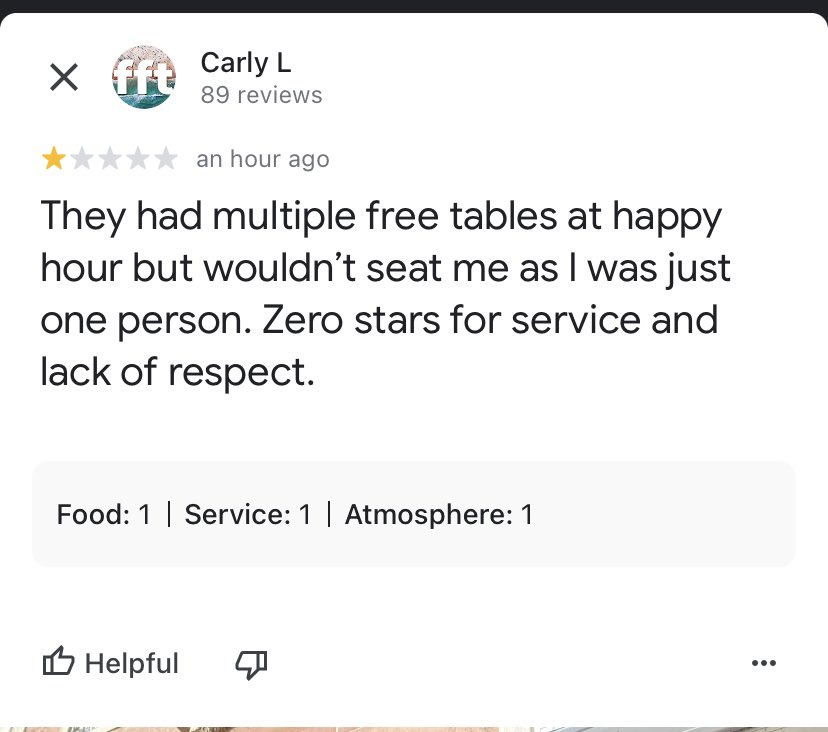 TravelFearless's tweet photo. Restaurants should probably learn that since solo travelers are all alone and don’t have anyone to talk to, they have lots of time to leave Google reviews.  This place turned me away today and look what I found on their reviews! #lagosportugal #algarve #travel #solotravel https://t.co/phUOUyZ9AE