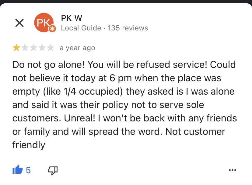 TravelFearless's tweet photo. Restaurants should probably learn that since solo travelers are all alone and don’t have anyone to talk to, they have lots of time to leave Google reviews.  This place turned me away today and look what I found on their reviews! #lagosportugal #algarve #travel #solotravel https://t.co/phUOUyZ9AE