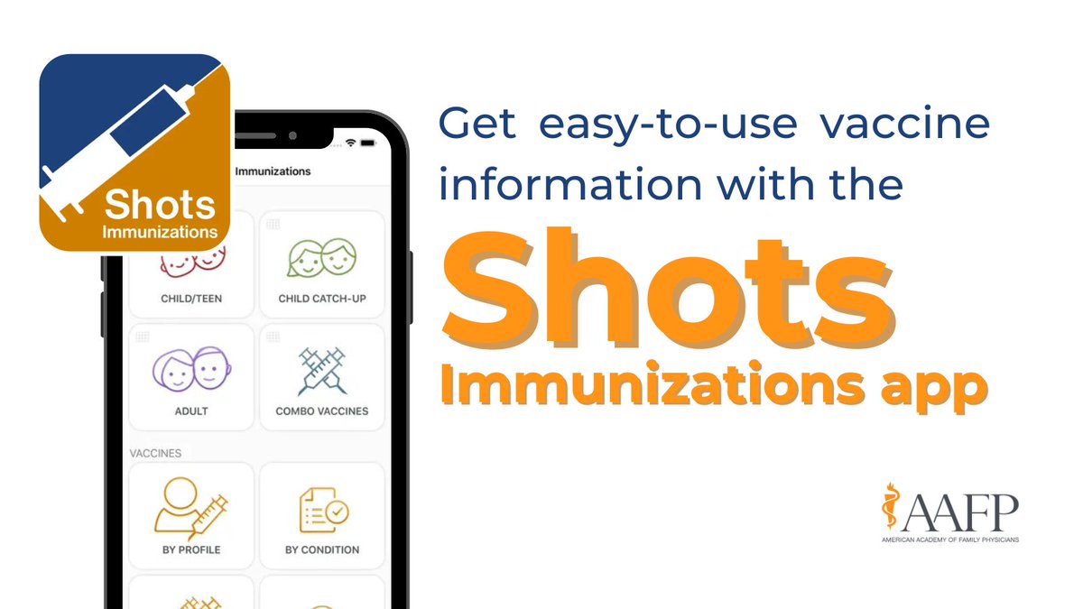 Need fast, accurate vaccine information? There’s an app for that! The #AAFP and <a href="/STFM_FM/">STFM</a>’s Shots Immunizations app gives you vaccine schedules and personalized patient recommendations: bit.ly/47uY35M #ImmunizationAwarenessMonth