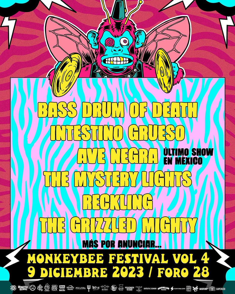 #MonkeyBee Festival IV
📍Foro 28 #CDMX 📅 09 de diciembre
🎤@bassdrumofdeath, #intestinogrueso, @ave_negra, @themysterylights, @kelseyreck, @thegrizzledmighty
 
🎟 Boletos ya a la venta en #Wegow