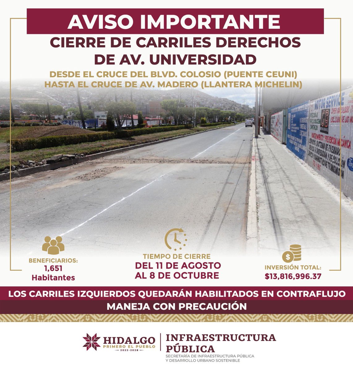 SIPDUS's tweet photo. 🚧 Recuerda que a partir de hoy, y hasta el 8 de octubre estarán cerrados dos carriles de Av. Universidad. 

Te invitamos a tomar las previsiones, y a circular con precaución para evitar inconvenientes.

#PrimeroElPueblo 🫱🏾‍🫲🏽 https://t.co/TpB8y3lYQq