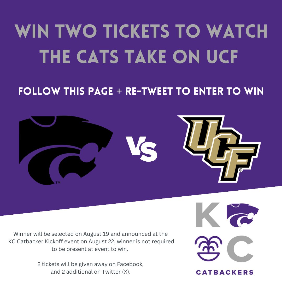KC Catbackers (@kccatbackers) on Twitter photo 🚨 GIVEAWAY 🚨
Catch <a href="/KStateFB/">K-State Football</a> at home against UCF this year ON US. All you have to do is hit that follow button + Like/RT this post to have a chance to win!
#EMAW 🚨 GIVEAWAY 🚨
Catch <a href="/KStateFB/">K-State Football</a> at home against UCF this year ON US. All you have to do is hit that follow button + Like/RT this post to have a chance to win!
#EMAW
