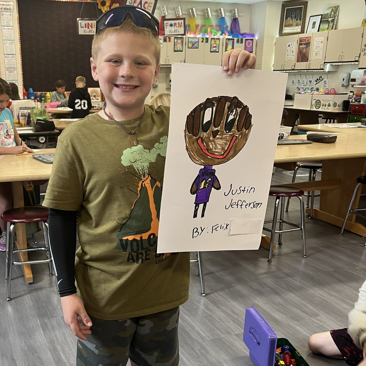 lcfritz's tweet photo. @Chris_Hawkey I scored major points with my 3rd graders that I knew someone who traveled with the @Vikings for their radio show! I’m pretty sure they think I’m the coolest art teacher in Indiana. 😂 I didn’t have a @JJettas2 coloring sheet, so he created his own. #NORart https://t.co/KCD3ges8hd
