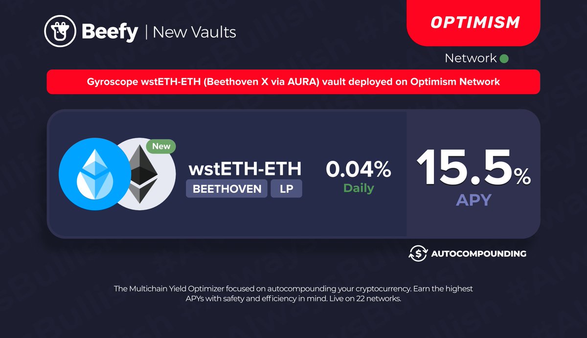 I said, "wtf is gyroscope," but then I saw it's <a href="/beethoven_x/">beets</a>, so I assume it's a music thing.

🆕 Gyroscope $wstETH - $ETH: 15.5% APY
👉 app.beefy.com/vault/beets-ec…

@lidofinance #Optimism <a href="/AuraFinance/">Aura</a>