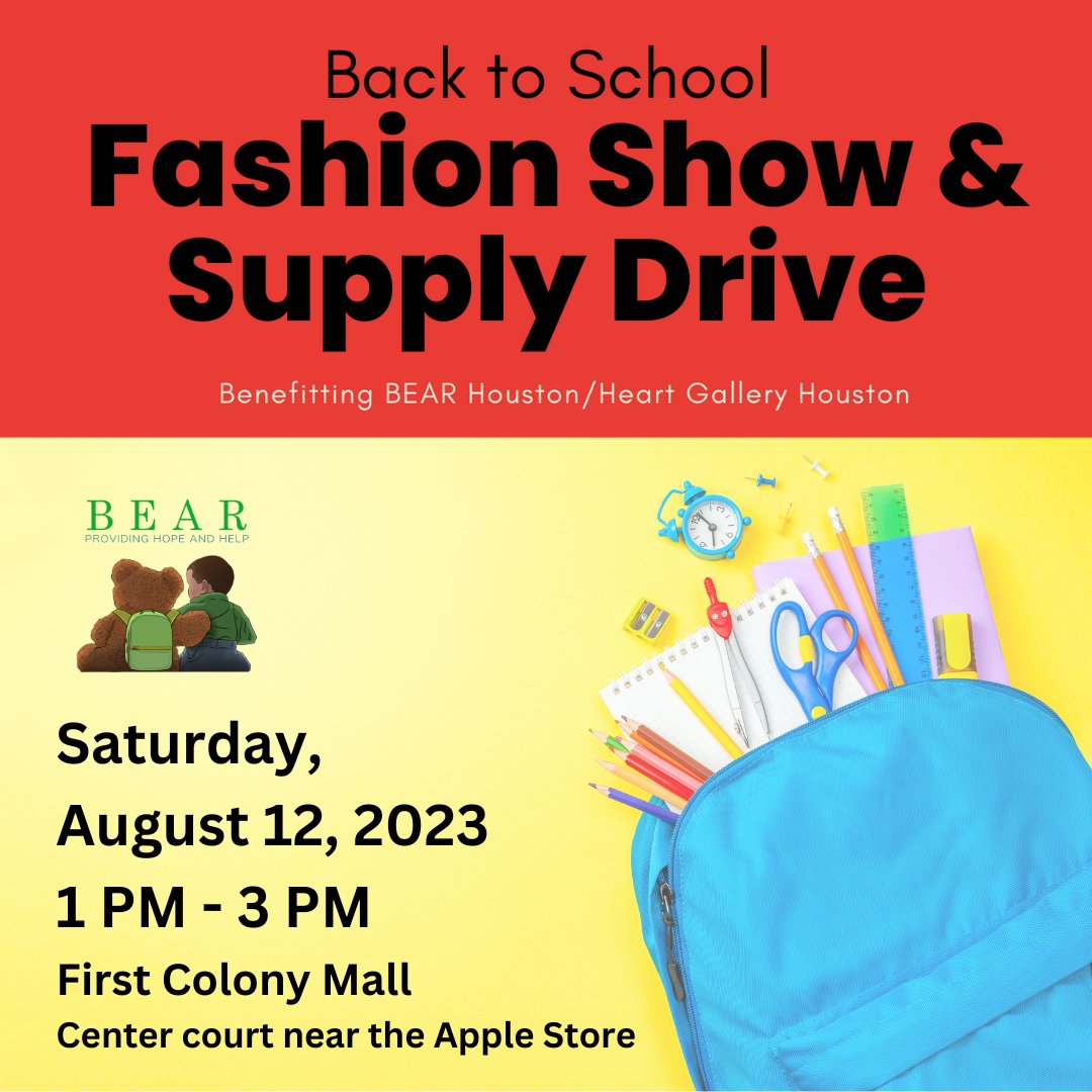 BEAResource's tweet photo. We're excited to announce the @FirstColonyMall Fashion Show & School Supply Drive, happening tomorrow, August 12th, from 1-3 pm! π
Get ready for an afternoon filled with upbeat music πΆ, the latest fashion trends π, and fabulous door prizes π«. See you there!
#BEAResource https://t.co/WvbGQHxeTq