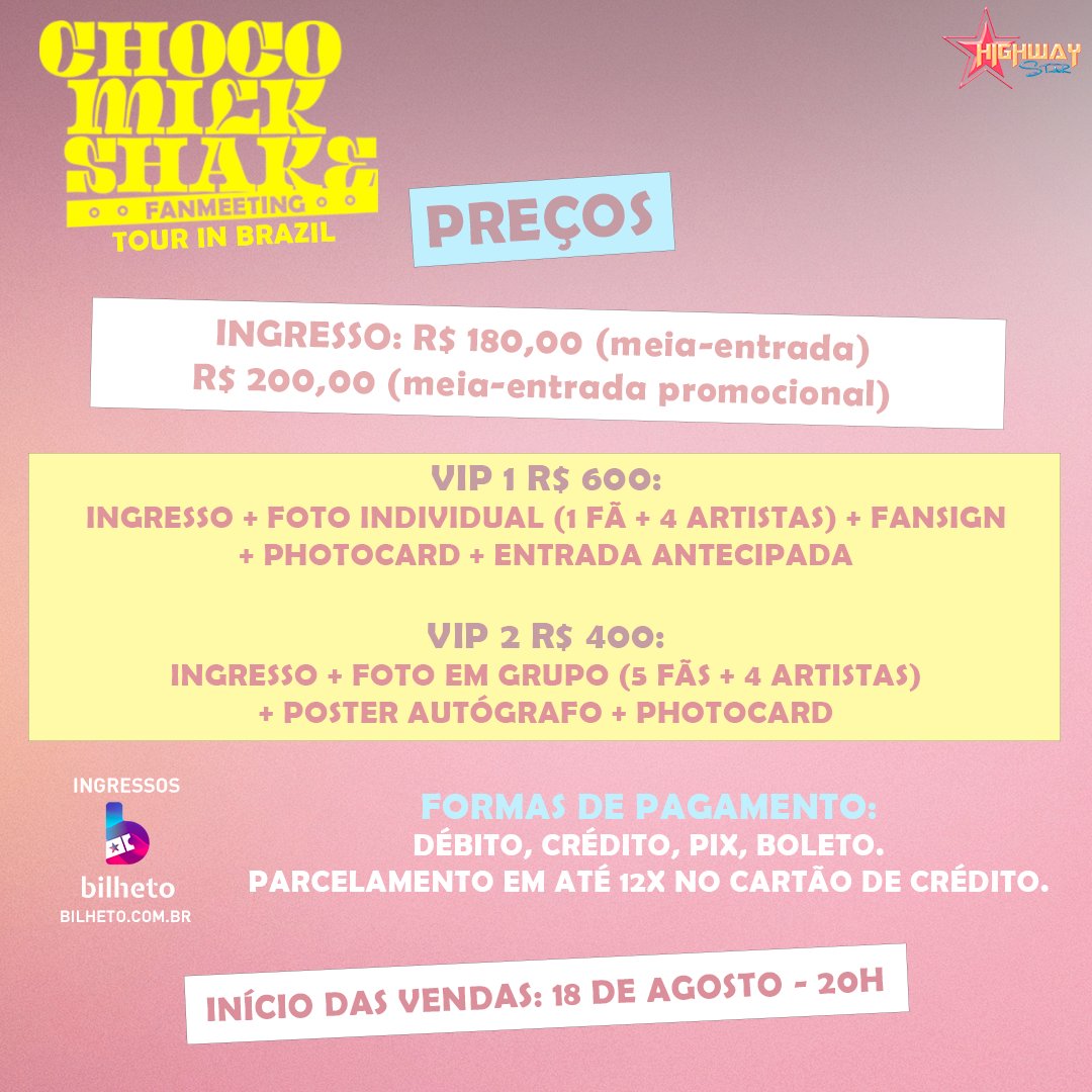 followhwstar's tweet photo. 🎟️Entenda os valores e os pacotes da turnê de fanmeetings como o Choco Milk Shake no Brasil! 🐶🐱

Lembrando que os pacotes VIP já incluem ingresso para a fanmeeting e que a venda de ingressos começa dia 18/8, às 20h!

Mais informações: https://t.co/oMdA9ZAY67 https://t.co/jzqzWbGkq5