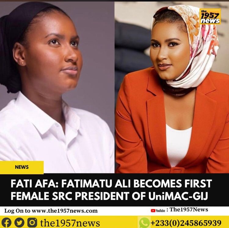 #News 
Fatimatu Ali Beccomes first female SRC president of University of Media Arts and communication- Ghana Institute of Journalism (UniMAC-GIJ) 
#WomenExcellence