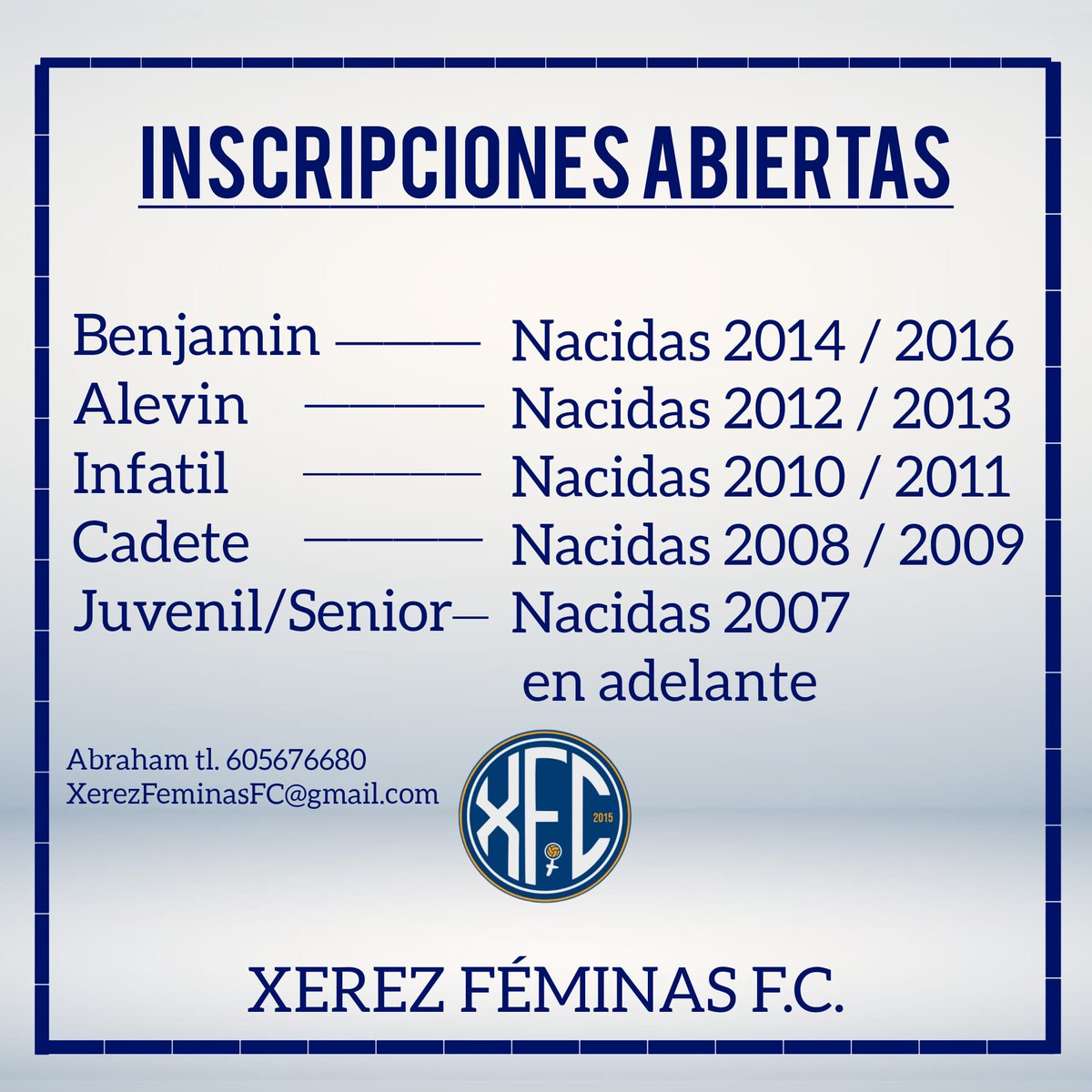 XerezFemFC's tweet photo. FÚTBOL FEMENINO!

Evia tus datos a xerezfeminasfc@gmail.com o pide informacion por WhatsApp al 605676680 https://t.co/xCSBH9sqBF