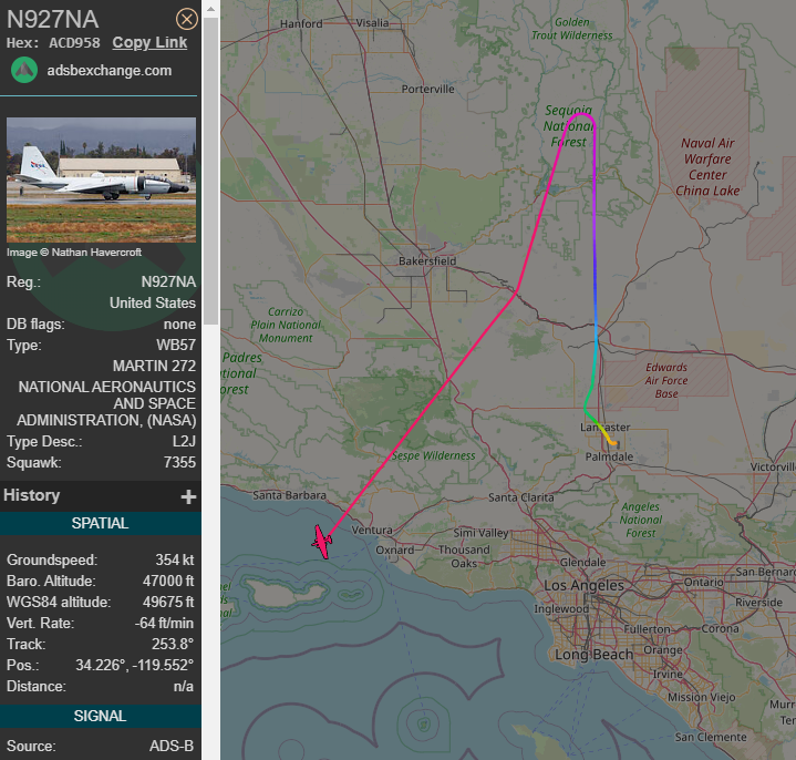 ScannerIntel411's tweet photo. National Aeronautics and Space Administration (NASA) MARTIN 272 (Reg. N927NA) observed operating over #SoCal after departing USAF Plant 42. https://t.co/02biqrgnzB #acd958 https://t.co/J8ZMfn4RDb
