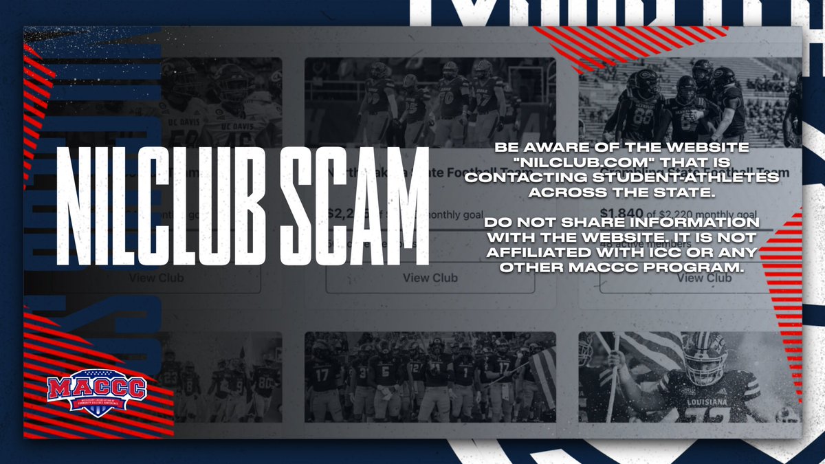 HindsAthletics's tweet photo. Please be aware of a website called NIL . com that contacts student-athletes across the state.

The site is a scam! Do not share information with the website. It is not affiliated with @HindsAthletics or any other @MACCCAthletics program. https://t.co/1mJIGos9nv