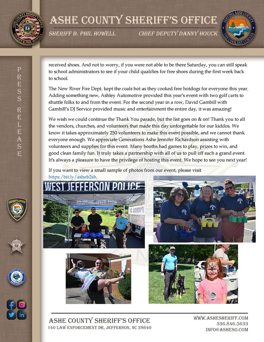 SheriffAshe's tweet photo. Ashe County, N.C. – On Saturday, Aug. 5th, 2023, Ashe County Schools &amp; Ashe County Sheriff's Office hosted their largest to-date Deputy 4 A Day/Back 2 School Blast event. 
To view the press release in a better format, you can visit https://t.co/i4LHT7EY2k. https://t.co/geydz2Thl0