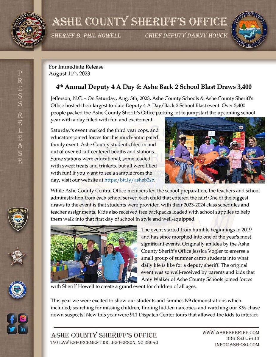 SheriffAshe's tweet photo. Ashe County, N.C. – On Saturday, Aug. 5th, 2023, Ashe County Schools &amp; Ashe County Sheriff's Office hosted their largest to-date Deputy 4 A Day/Back 2 School Blast event. 
To view the press release in a better format, you can visit https://t.co/i4LHT7EY2k. https://t.co/geydz2Thl0