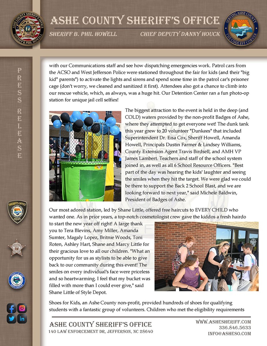 SheriffAshe's tweet photo. Ashe County, N.C. – On Saturday, Aug. 5th, 2023, Ashe County Schools &amp; Ashe County Sheriff's Office hosted their largest to-date Deputy 4 A Day/Back 2 School Blast event. 
To view the press release in a better format, you can visit https://t.co/i4LHT7EY2k. https://t.co/geydz2Thl0