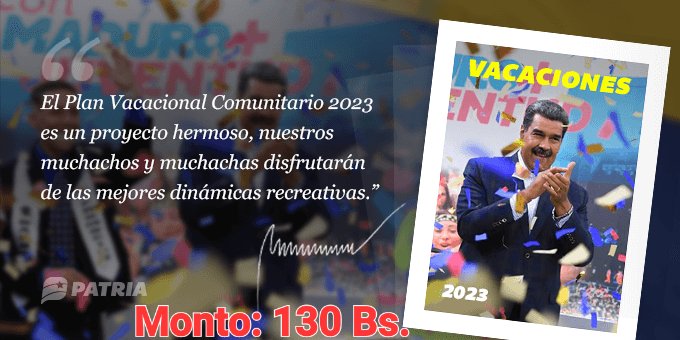 #EnciendeMotoresYEmprende
Bono Vacaciones 2023
Inicia la entrega del Bono Vacaciones 2023 enviado por nuestro Presidente @NicolásMaduro a través de la Plataforma Patria. La entrega tendrá lugar entre los días 11 al 21 de agosto de 2023.
Monto 130 Bs
