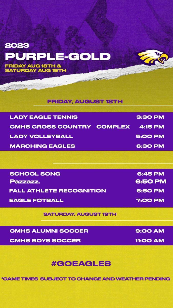 MrHannafordCMAD's tweet photo. Join us for the kick off to the 2023 Fall Season. Eagle Purple/ Gold Events.  This is a great community night. Come on out for dinner at the Eagle Pride Booster Club Concession Stand. https://t.co/3qHMPg39Um